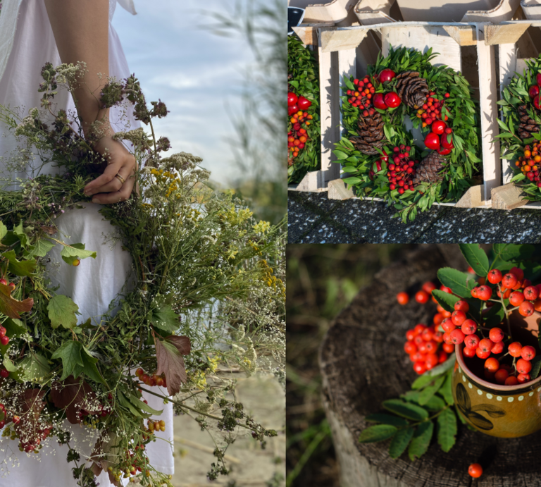 Junge Frau im weißen Kleid hält blumige Herbstkränze, daneben liegen Kränze mit Beeren und Zapfen sowie ein Becher mit Vogelbeeren. | © Canva/Collage:bildderfrau.de