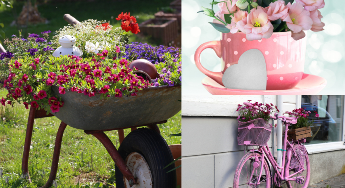 Bunte Blumen in Schubkarre, rosa Fahrrad und Tasse mit Blüten – kreative Pflanzideen in Garten, Straße und auf pastellfarbenem Grund.