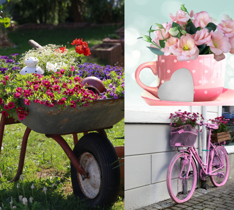 Bunte Blumen in Schubkarre, rosa Fahrrad und Tasse mit Blüten – kreative Pflanzideen in Garten, Straße und auf pastellfarbenem Grund. | © Cnava/Collage:bildderfrau.de