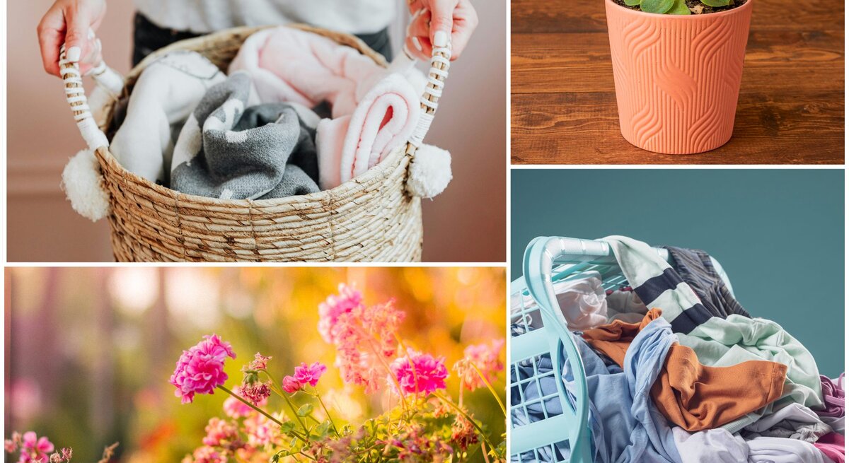 Nahaufnahme eines Korbs mit frisch gefalteten, weichen Handtüchern in Grau und Rosa, gehalten von einer Person in lässiger Kleidung vor neutralem Hintergrund.
