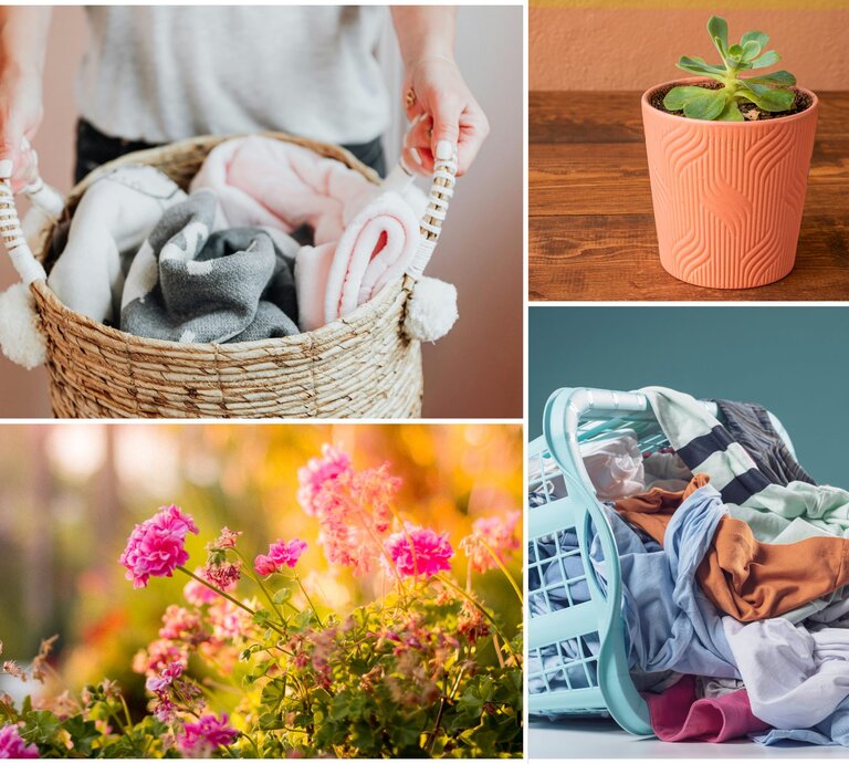 Nahaufnahme eines Korbs mit frisch gefalteten, weichen Handtüchern in Grau und Rosa, gehalten von einer Person in lässiger Kleidung vor neutralem Hintergrund. | © Collage: bildderfrau.de; Canva
