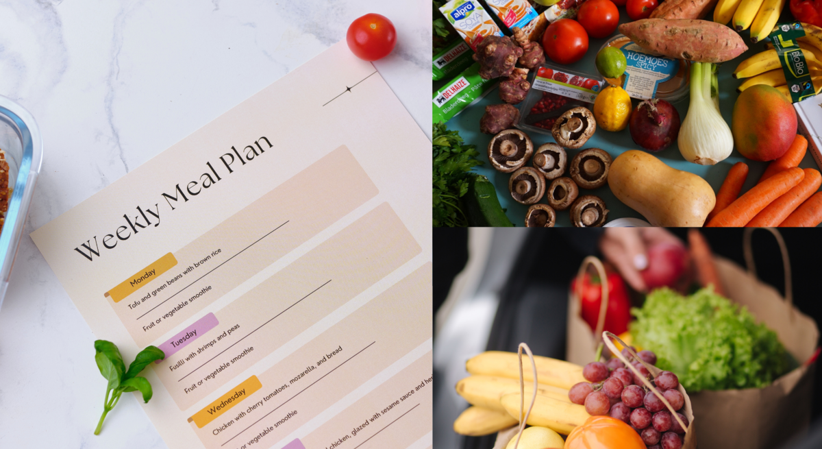 Bunter DIY-Speiseplan mit Basilikum und Tomate, daneben frisches Gemüse, Obst und vegane Produkte, teils in Papiertüten im Autokofferraum.