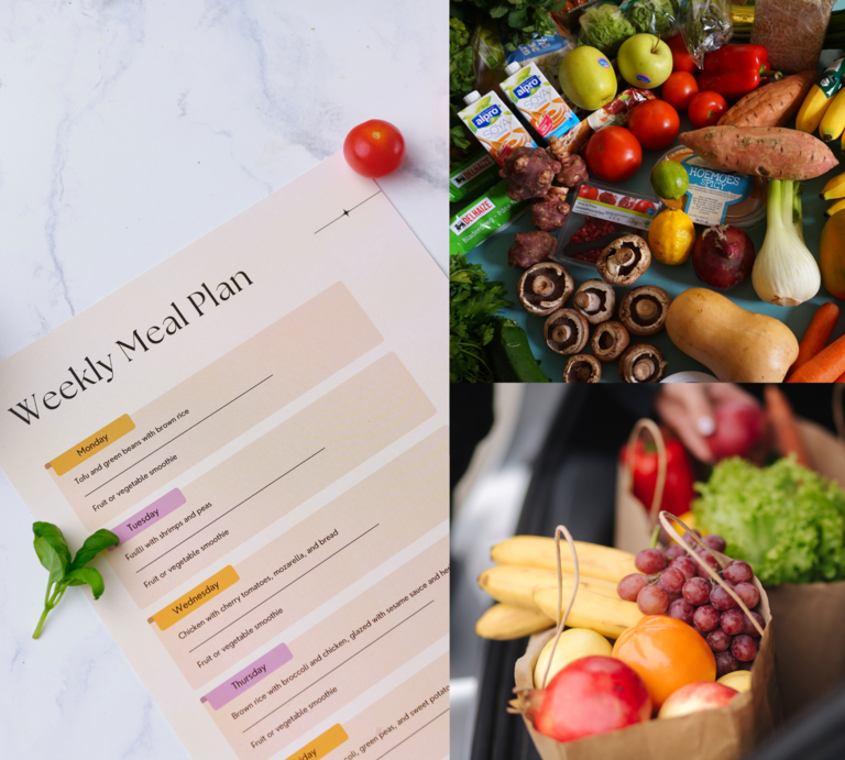 Bunter DIY-Speiseplan mit Basilikum und Tomate, daneben frisches Gemüse, Obst und vegane Produkte, teils in Papiertüten im Autokofferraum. | © Canva/Collage:bildderfrau.de