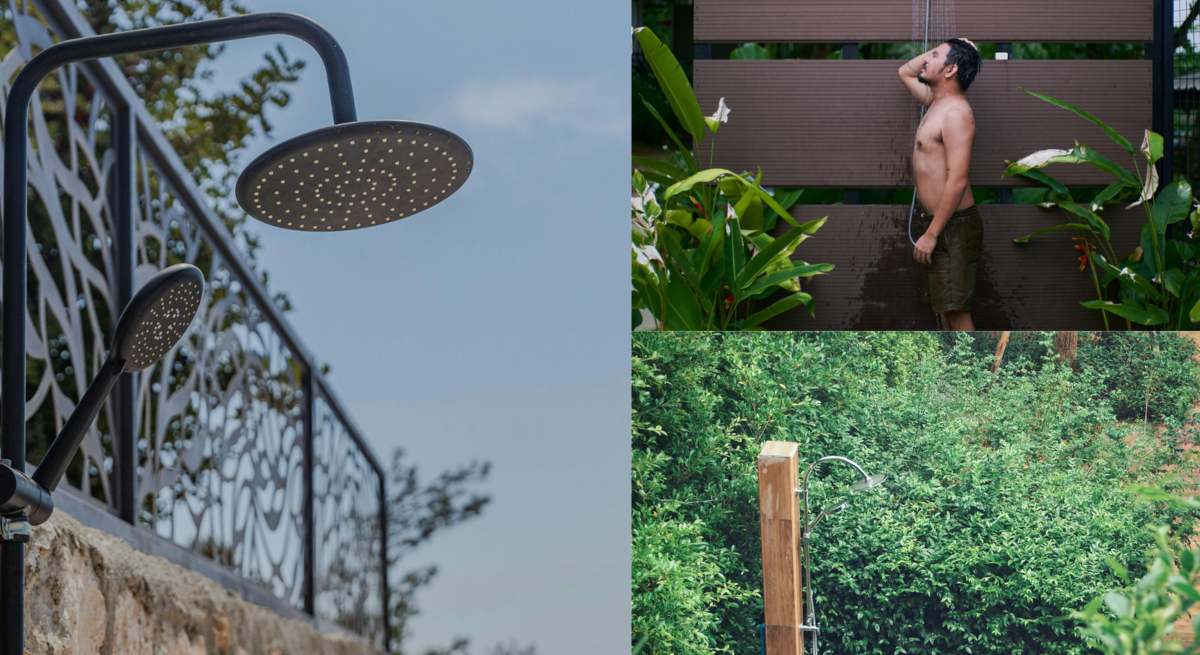 Drei unterschiedliche Gartenduschen: modern an Steinmauer, funktional im Tropengarten mit duschendem Mann, rustikal im dichten Grünwald.