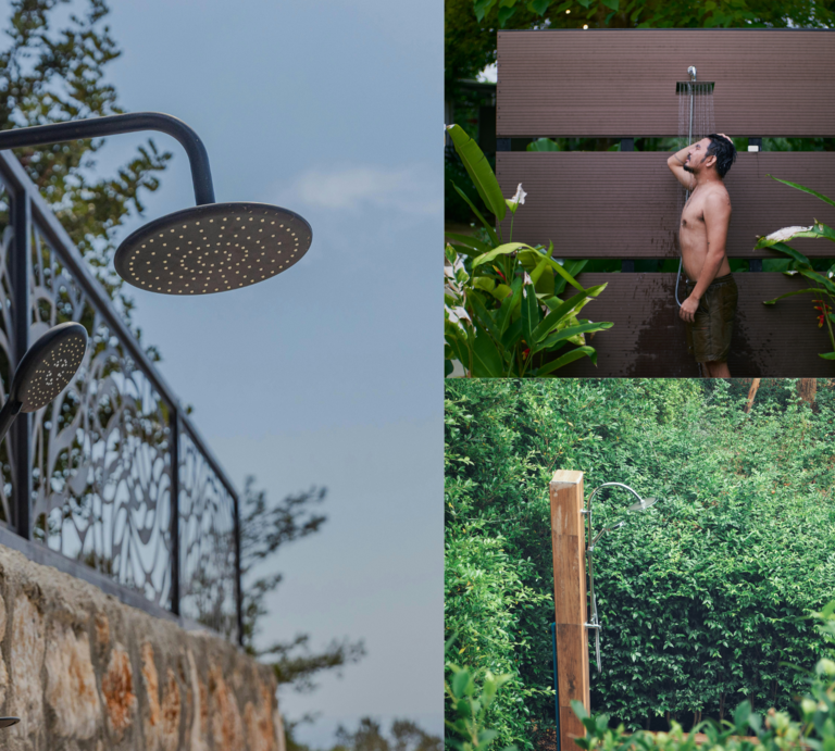 Drei unterschiedliche Gartenduschen: modern an Steinmauer, funktional im Tropengarten mit duschendem Mann, rustikal im dichten Grünwald. | © Canva/Collage:bildderfrau.de