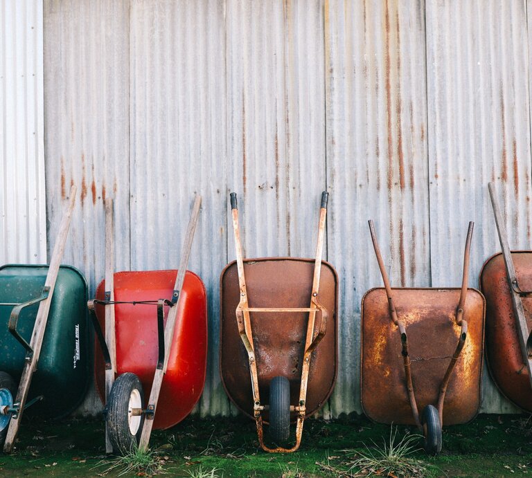 Sechs rostige und bunte Schubkarren lehnen nebeneinander an einer Wellblechwand mit Patina auf moosigem Untergrund. | © Adobe Stock/ Uuganbayar