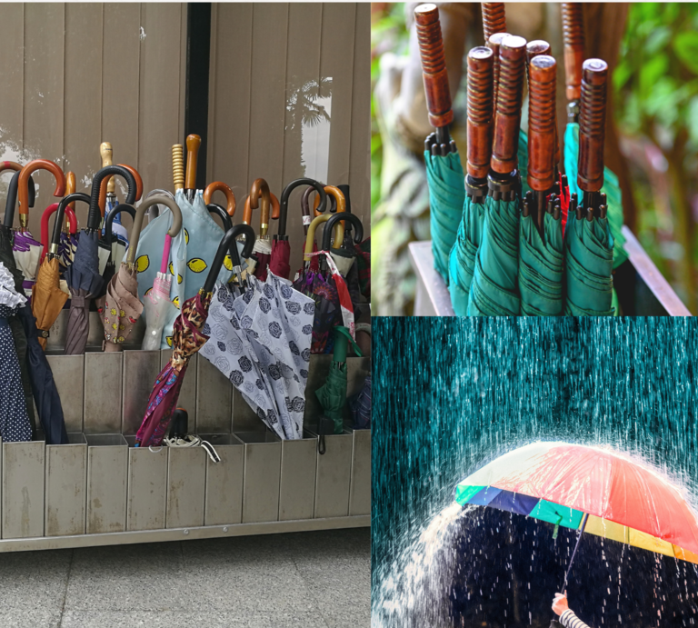Verschiedenfarbige Regenschirme in Haltern, dazu ein bunter Schirm im strömenden Regen, gehalten von einer Person. | © Canva/Collage:bildderfrau.de