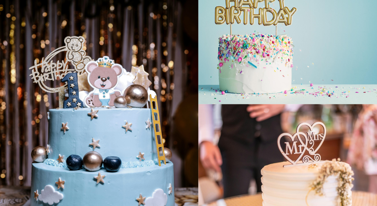 Cake Topper basteln: Drei festliche Torten: eine blaue mit Bärchen und Sternen, eine bunte mit Streuseln und eine weiße Hochzeitstorte mit Herzdeko.