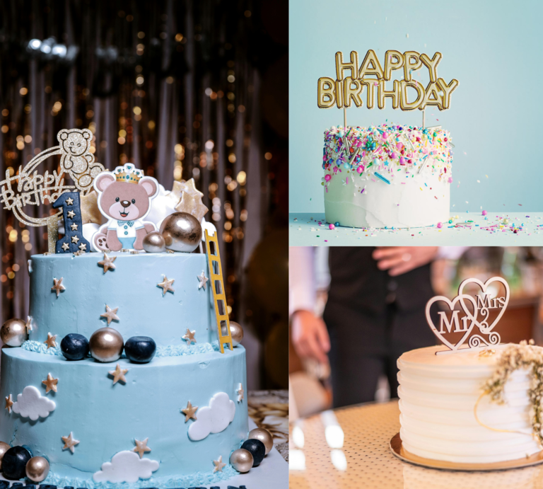 Cake Topper basteln: Drei festliche Torten: eine blaue mit Bärchen und Sternen, eine bunte mit Streuseln und eine weiße Hochzeitstorte mit Herzdeko. | © Canva/Collage:bildderfrau.de