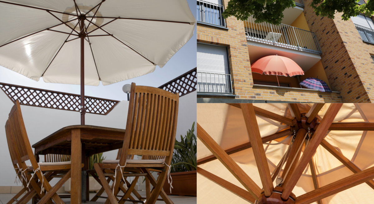 Weiße Sonnenschirme auf Balkon und Terrasse spenden Schatten über Holzmöbeln, in Nahaufnahme und Totale aus sommerlicher Perspektive.