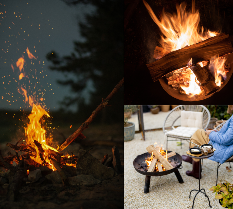Drei stimmungsvolle Szenen mit knisternden DIY-Feuerschalen im Freien: bei Dämmerung, im Dunkeln und im gemütlichen Garten. | © Canva/Collage:bildderfrau.de