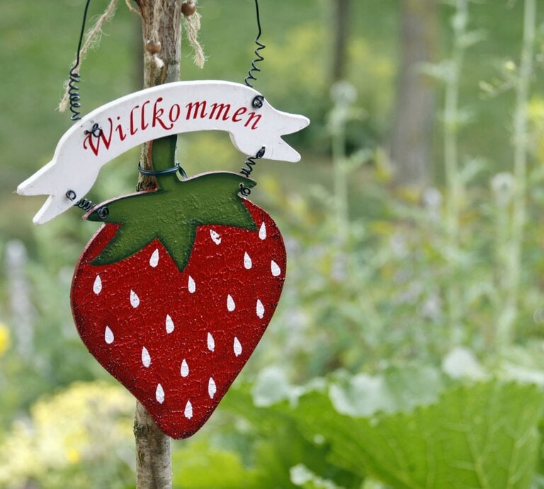 Dekoratives Erdbeer-Holzschild mit grünem Blätterdach und weißem „Willkommen“-Banner vor unscharfer Gartenkulisse. | © AdobeStock/Martina Berg
