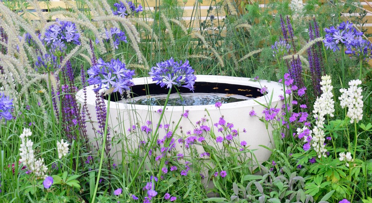 Üppiges Blumenbeet mit violetten und weißen Blüten umgibt ein runder, moderner Solarbrunnen vor hölzerner Sichtschutzwand.