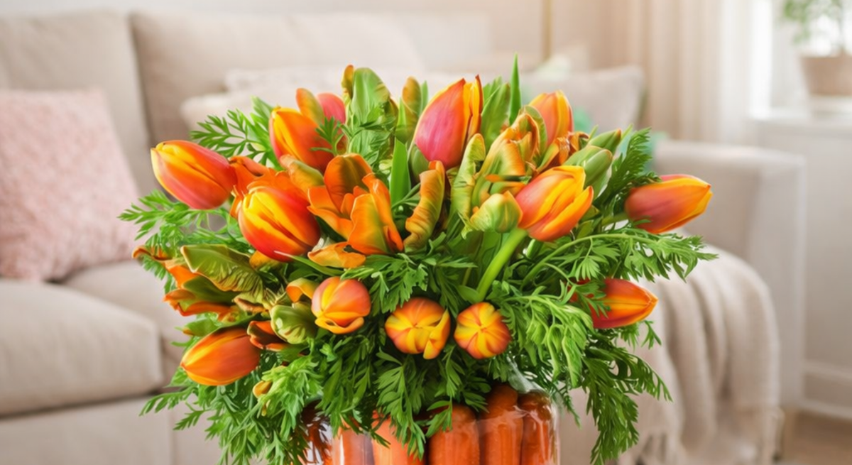 Ein farbenfroher Tulpenstrauß in Orange und Gelb steckt in einem Glas mit aufrecht stehenden Karotten auf hellem Wohnzimmertisch.