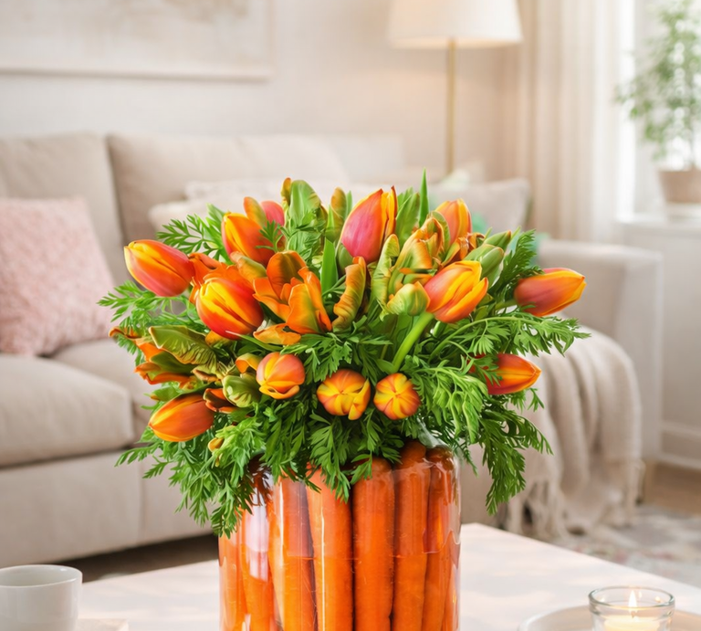 Ein farbenfroher Tulpenstrauß in Orange und Gelb steckt in einem Glas mit aufrecht stehenden Karotten auf hellem Wohnzimmertisch. | © Generiert mit KI (Erstellt mit ChatGPT) 