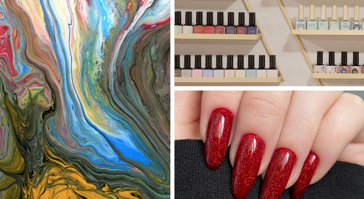 Collage aus drei Bildern: bunte abstrakte Malerei, goldene Regale mit Nagellackflaschen und rote glitzernde Gelnägel auf schwarzem Stoff.