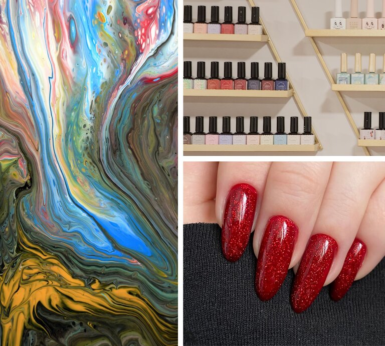 Collage aus drei Bildern: bunte abstrakte Malerei, goldene Regale mit Nagellackflaschen und rote glitzernde Gelnägel auf schwarzem Stoff. | © Collage: Canva/ BILD der FRAU