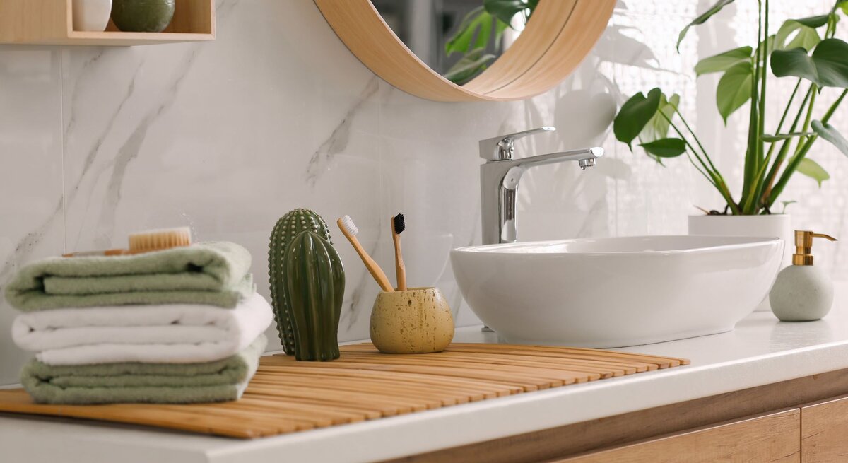 Modernes Badezimmer mit weißem Waschbecken, Holzdetails, grünen Pflanzen und gefalteten Handtüchern auf einer Bambusmatte.