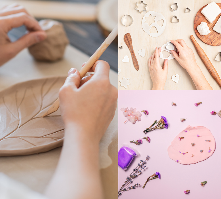 Hände modellieren Ton zu einem Blattschälchen, stanzen Herzformen aus weißer Masse und verzieren rosa Knete mit Trockenblumen. | © Shutterstock/Roman Kosolapov/ shine.graphics/Netrun78/Canva:Collage:bildderfrau.de