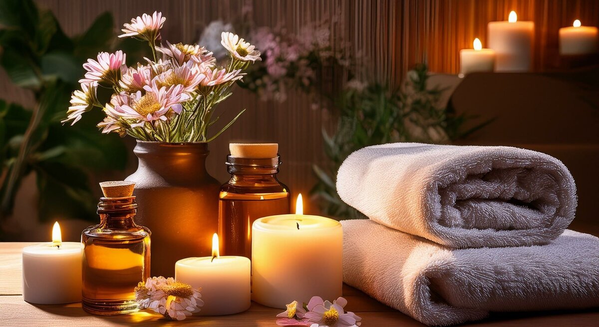 Brennende Massagekerzen, ätherische Öle in braunen Fläschchen, ein Strauß rosa Gänseblümchen und gerollte Handtücher auf einem Holztisch.