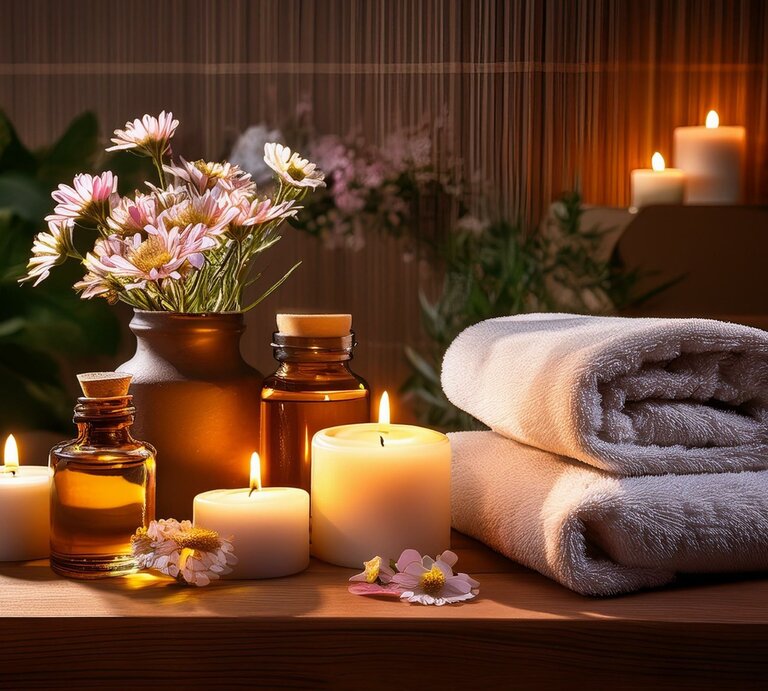 Brennende Massagekerzen, ätherische Öle in braunen Fläschchen, ein Strauß rosa Gänseblümchen und gerollte Handtücher auf einem Holztisch. | © AdobeStock/Alma Generiert mit KI