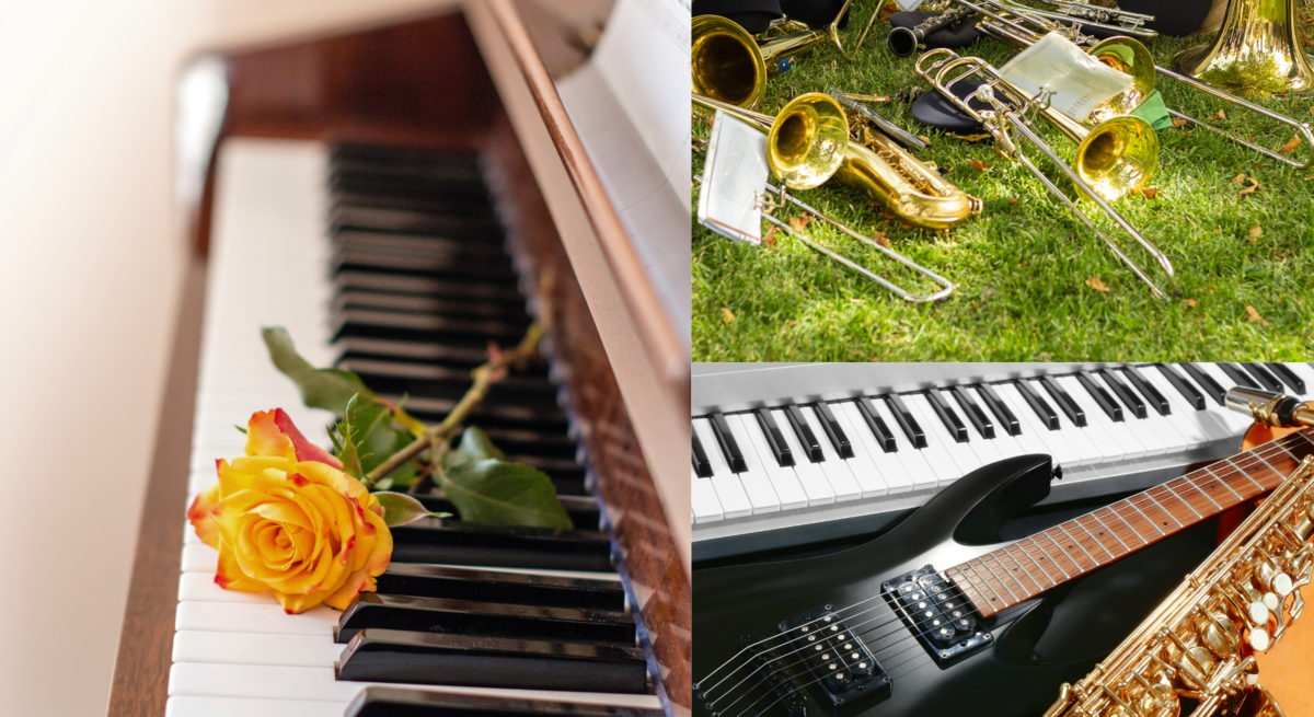 Collage mit gelb-roter Rose auf Klaviertasten, verstreuten Blasinstrumenten im Gras und E-Gitarre neben Saxofon auf E-Piano.