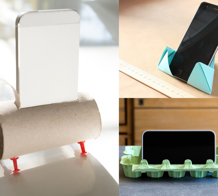 Drei Smartphones stehen in selbstgebastelten Haltern aus Toilettenrolle, Origami-Papier und grünem Eierkarton auf Tischen. | © Shutterstock/Levent Konuk/KAA-photo/Jana Kollarova/Collage:bildderfrau.de