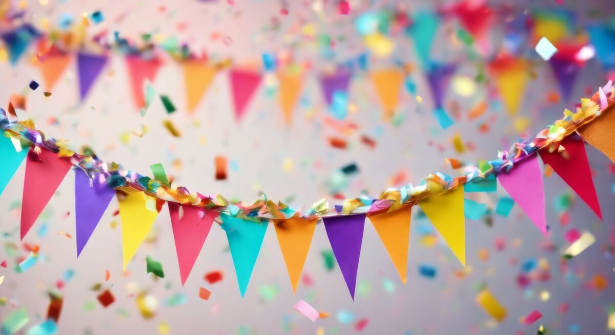 Bunte Wimpelgirlanden für Fasching in Gelb, Pink und Blau hängen in einem Raum, während farbenfrohes Konfetti durch die Luft wirbelt.
