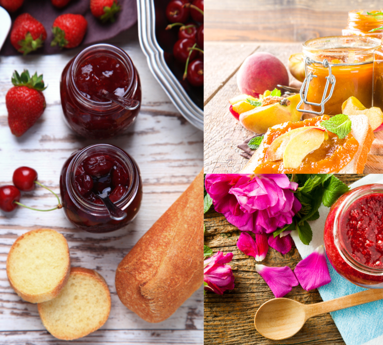 Drei Sorten Marmelade in Gläsern mit Früchten, Brot und Blüten, arrangiert auf hellem und rustikalem Holztisch in sommerlicher Stimmung. | © Canva/Collagen:bildderfrau.de