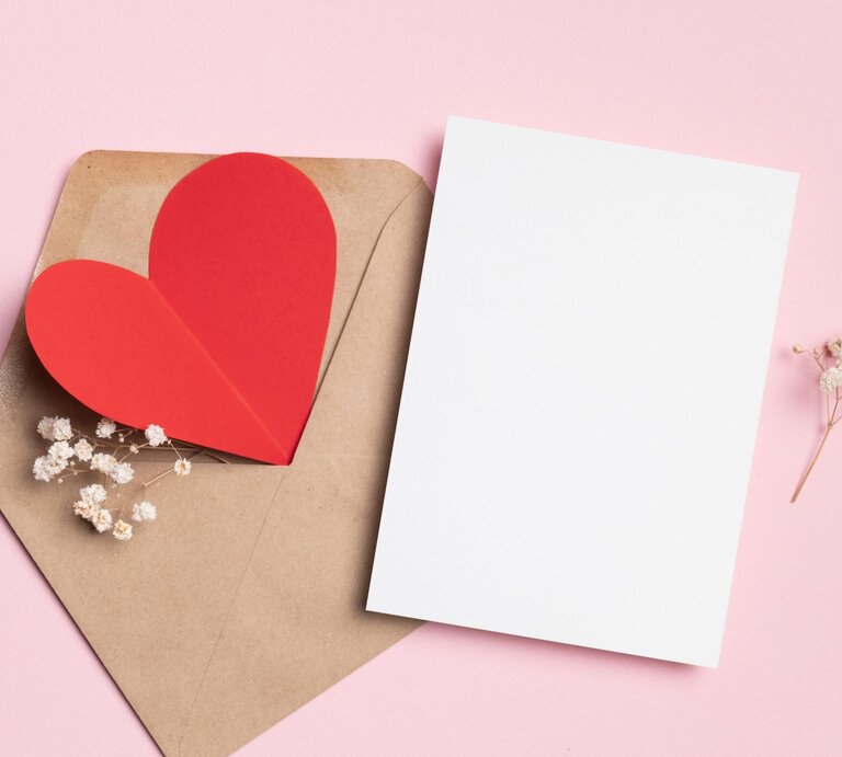 Offener Briefumschlag mit rotem Herz, weißem Papier und zarten Trockenblumen vor einem rosa Hintergrund. | © Adobe Stock/nikavera