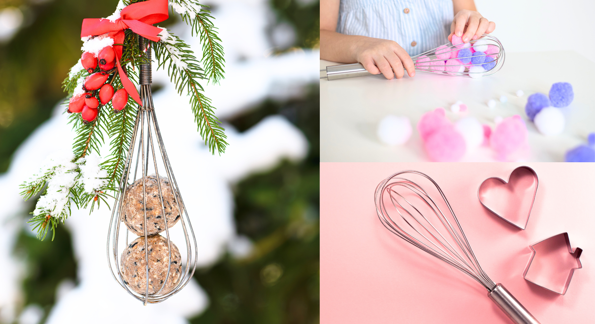 Ein Schneebesen als Winterdeko mit Meisenknödeln, beim Basteln mit Filzbällchen und neben Ausstechformen auf rosa Untergrund.