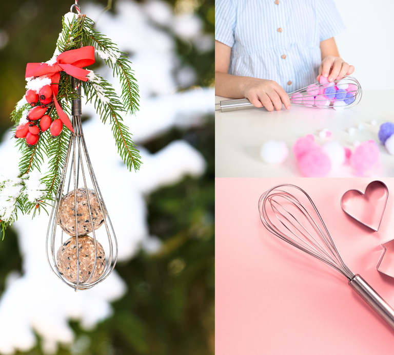 Ein Schneebesen als Winterdeko mit Meisenknödeln, beim Basteln mit Filzbällchen und neben Ausstechformen auf rosa Untergrund. | © Shutterstock/ Julija Sulkovska/Oksana_Schmidt/Canva/Collage:bildderfrau.de