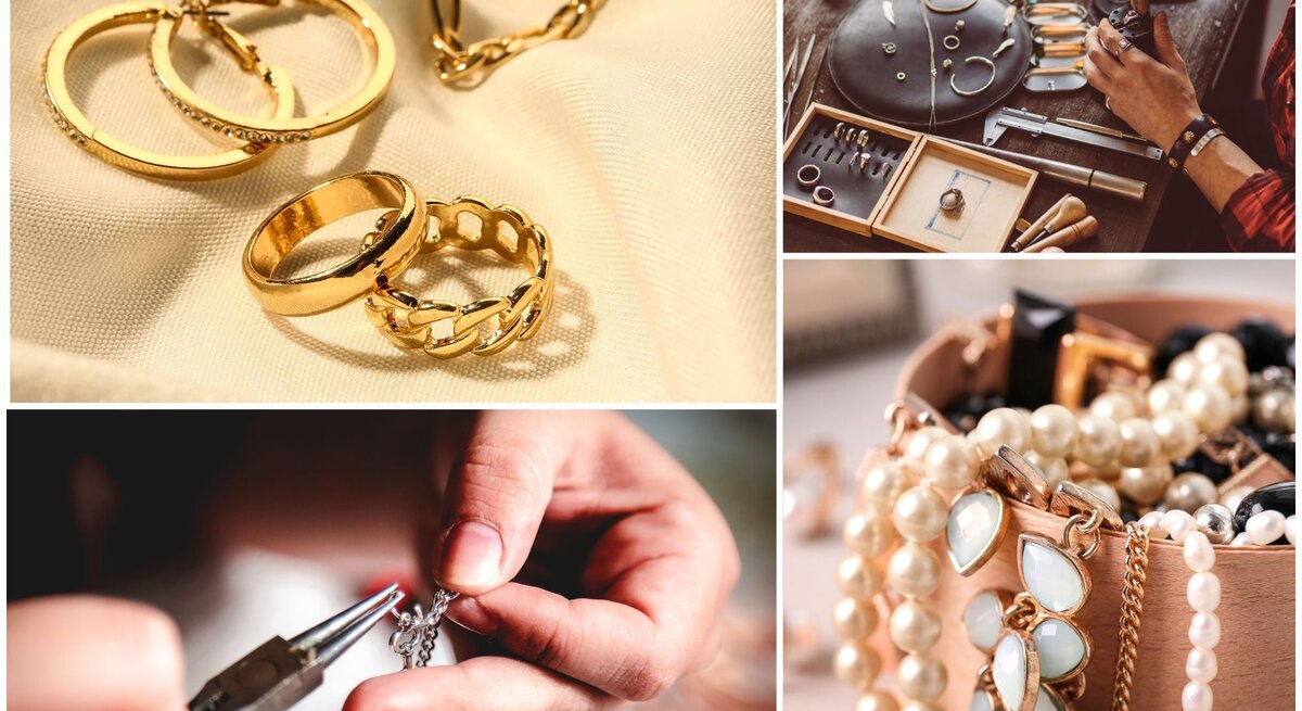 Werkbank mit Schmuckwerkzeug, daneben detailreiche Nahaufnahmen von Goldschmuck, Perlenketten und handgefertigtem Silberanhänger.