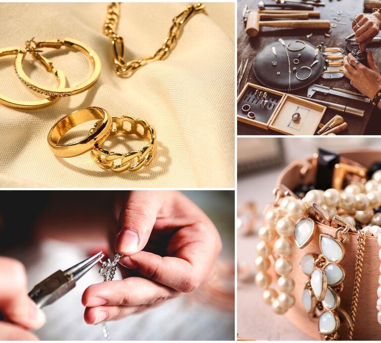 Werkbank mit Schmuckwerkzeug, daneben detailreiche Nahaufnahmen von Goldschmuck, Perlenketten und handgefertigtem Silberanhänger. | © Collage: bildderfrau.de, Canva