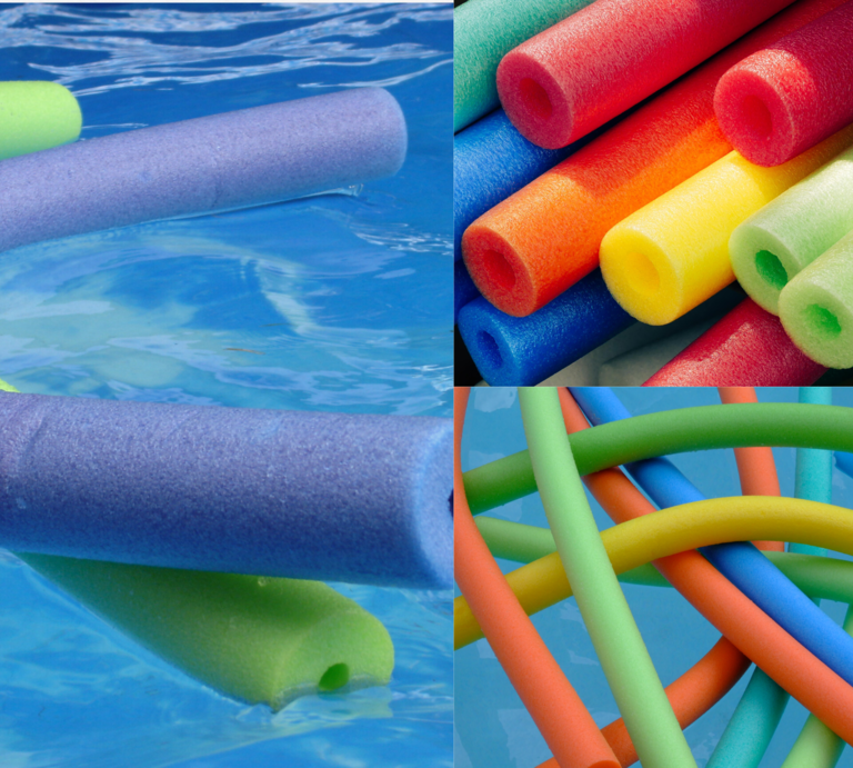Bunte Schaumstoff-Poolnudeln in Lila, Grün, Gelb und Orange schwimmen, liegen gestapelt oder verschlingen sich auf blauem Untergrund. | © Canva/Collage:bildderfrau.de