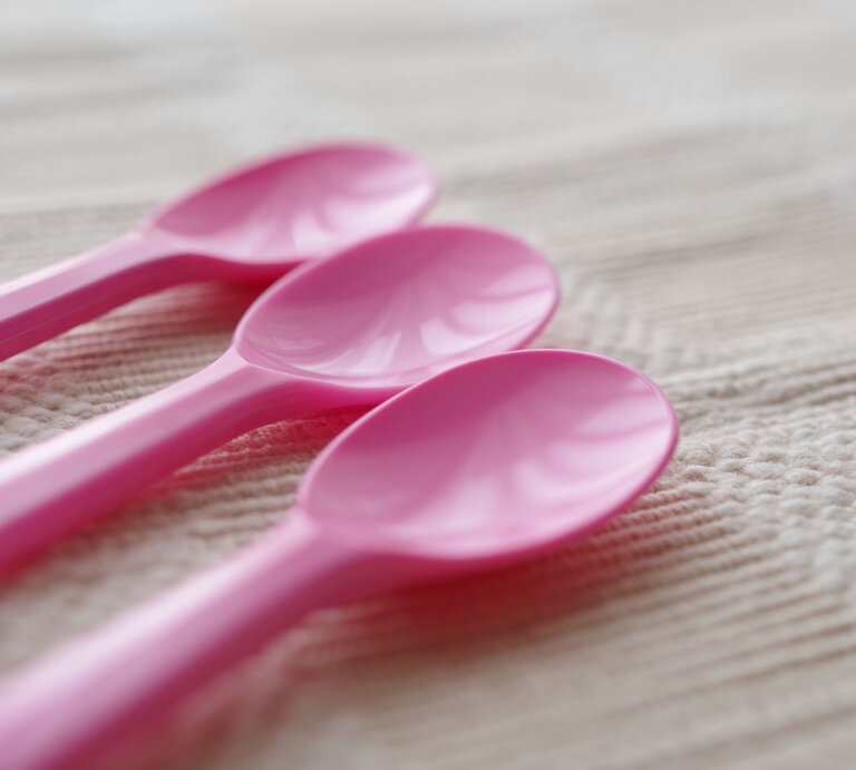 Drei rosa Plastiklöffel liegen nebeneinander auf einer cremefarbenen, strukturierten Stoffoberfläche im weichen Tageslicht. | © Adobe Stock/KATSU