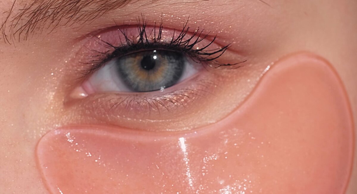 Ein blau-graues Auge mit langen Wimpern, zartem Lidschatten und einer glänzenden rosa DIY-Augenpad unter dem unteren Lid.