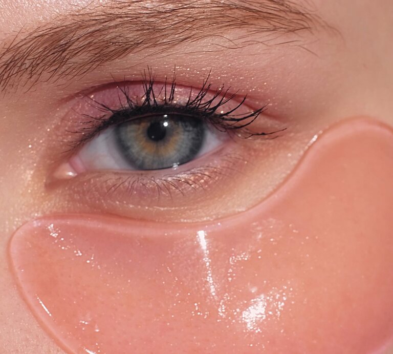 Ein blau-graues Auge mit langen Wimpern, zartem Lidschatten und einer glänzenden rosa DIY-Augenpad unter dem unteren Lid. | © GettyImages/golubovy