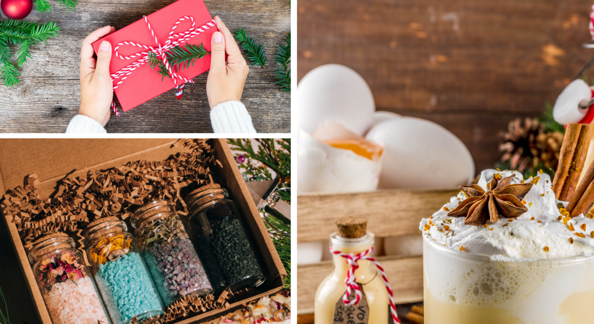Verschiedene DIY-Geschenke zu Weihnachten: Handgemachtes Badesalz, Eierlikör im Glas und verpackte Päckchen mit Schleife auf Holz.