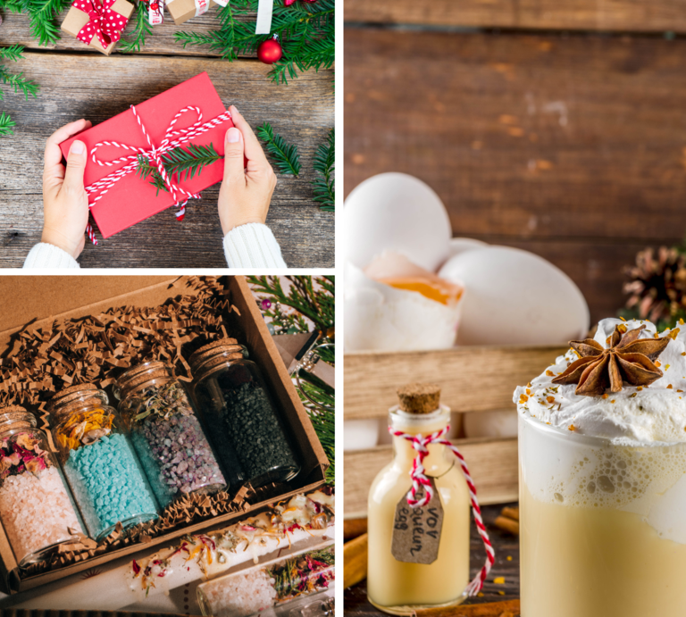 Verschiedene DIY-Geschenke zu Weihnachten: Handgemachtes Badesalz, Eierlikör im Glas und verpackte Päckchen mit Schleife auf Holz. | © Canva/Collage:bildderfrau.de