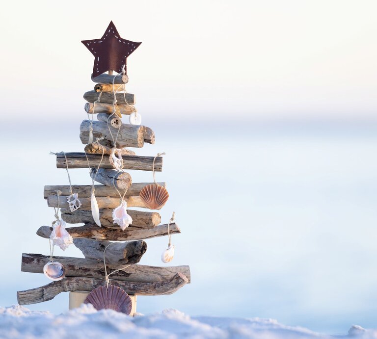 Aus Treibholz und Muscheln gebastelter Weihnachtsbaum mit Sternspitze steht auf hellem Sand vor sanftem Meereshorizont. | © Shutterstock/ Leah-Anne Thompson