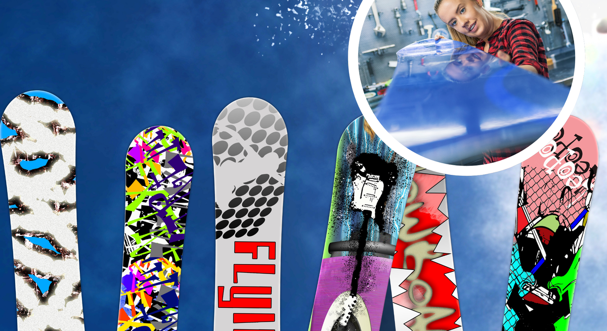 Sechs bunte Snowboards mit grafischen Mustern vor blauem Himmel, oben rechts junge Frau in Werkstatt beim Polieren eines Brettes.