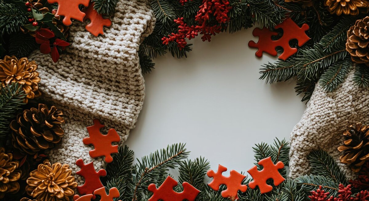 Rote Puzzleteile liegen dekorativ zwischen Tannenzweigen, roten Beeren, goldenen Zapfen und einer grob gestrickten beigen Decke.