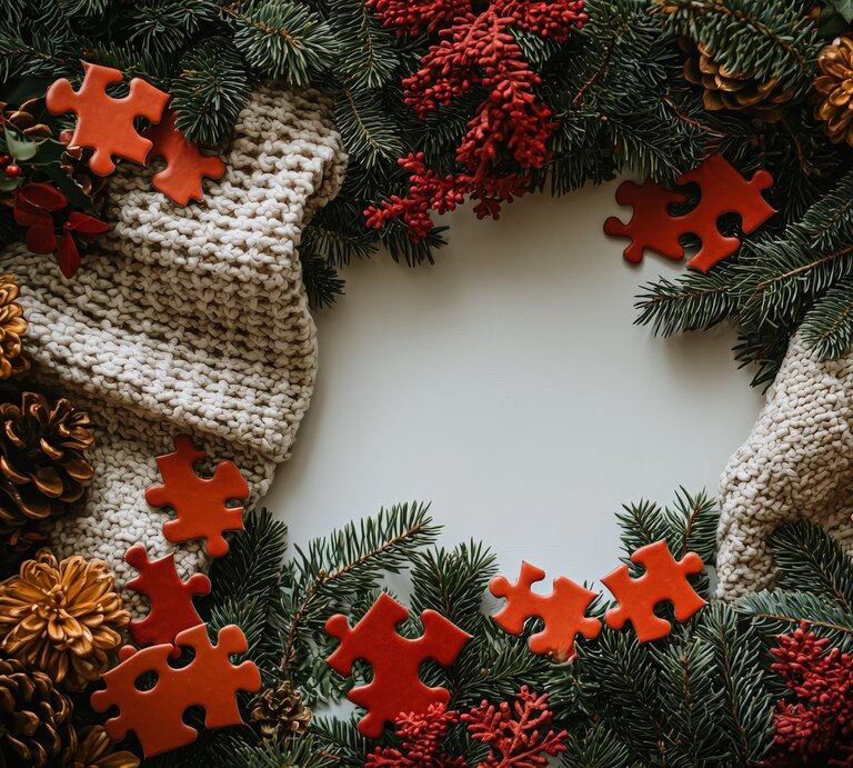 Rote Puzzleteile liegen dekorativ zwischen Tannenzweigen, roten Beeren, goldenen Zapfen und einer grob gestrickten beigen Decke. | © Adobe Stock/Borasca (KI-generiert)