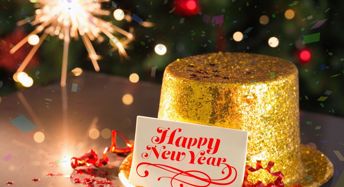 Ein glitzernder goldener Hut mit einer „Happy New Year“-Karte, roten Schleifen und Sternkonfetti vor einem leuchtenden Wunderkerzenhintergrund.
