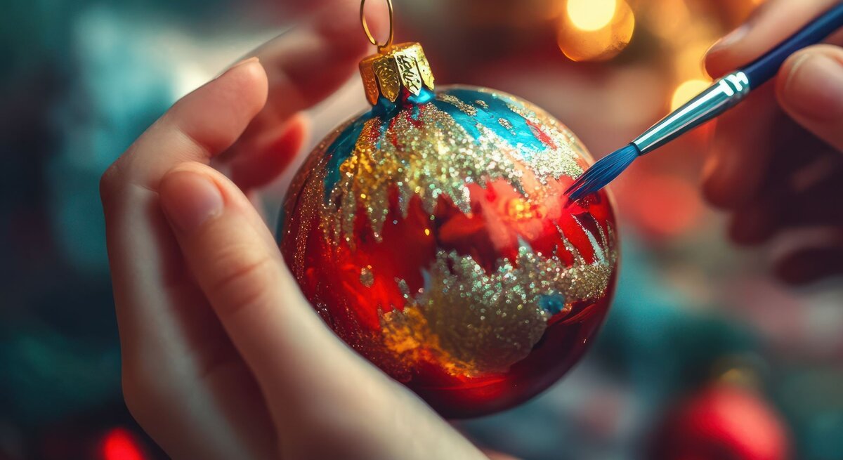 Eine rote Weihnachtskugel wird von einer Hand mit goldener und blauer Farbe bemalt, im Hintergrund schimmernde Lichter.