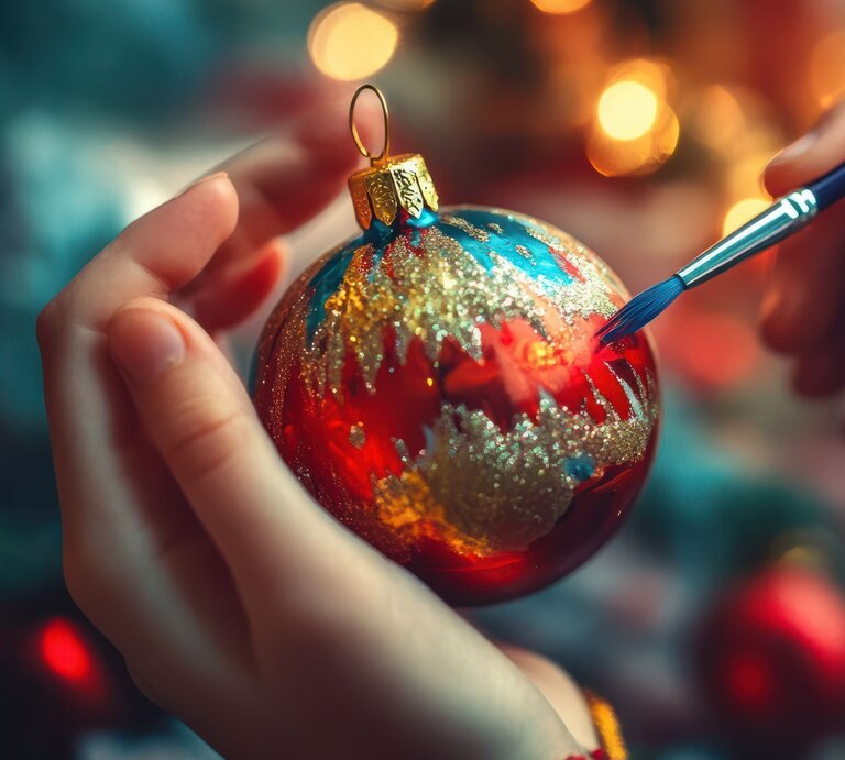 Eine rote Weihnachtskugel wird von einer Hand mit goldener und blauer Farbe bemalt, im Hintergrund schimmernde Lichter. | © Adobe Stock/Johannes (KI-generiert)