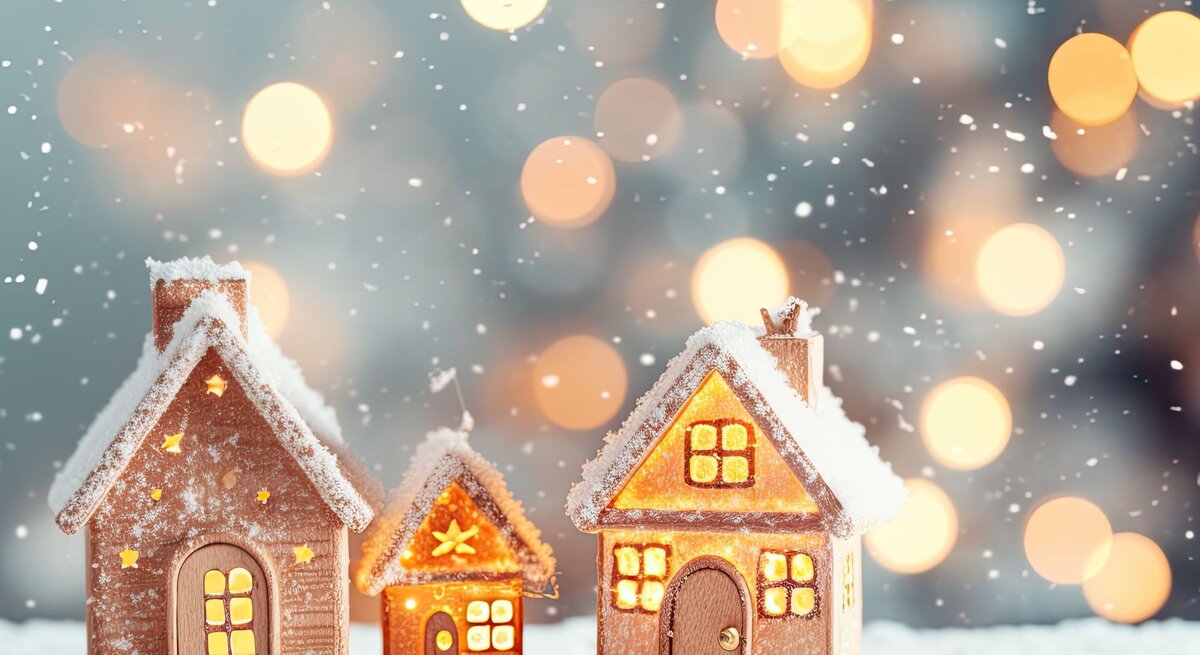 Drei schneebedeckte Lichthäuser mit leuchtenden Fenstern stehen vor einem unscharfen, stimmungsvollen Hintergrund mit warmen Lichtern.
