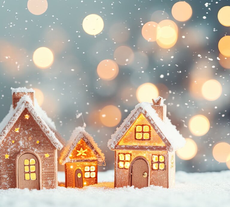 Drei schneebedeckte Lichthäuser mit leuchtenden Fenstern stehen vor einem unscharfen, stimmungsvollen Hintergrund mit warmen Lichtern. | © Adobe Stock/neirfy (KI-generiert)