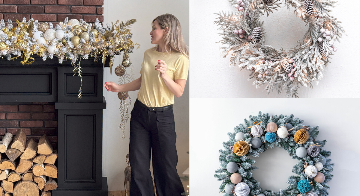 Junge Frau dekoriert festlichen Kamin mit Goldschmuck, daneben zwei kunstvolle Weihnachtskränze mit Zapfen und Kugeln an Wand.